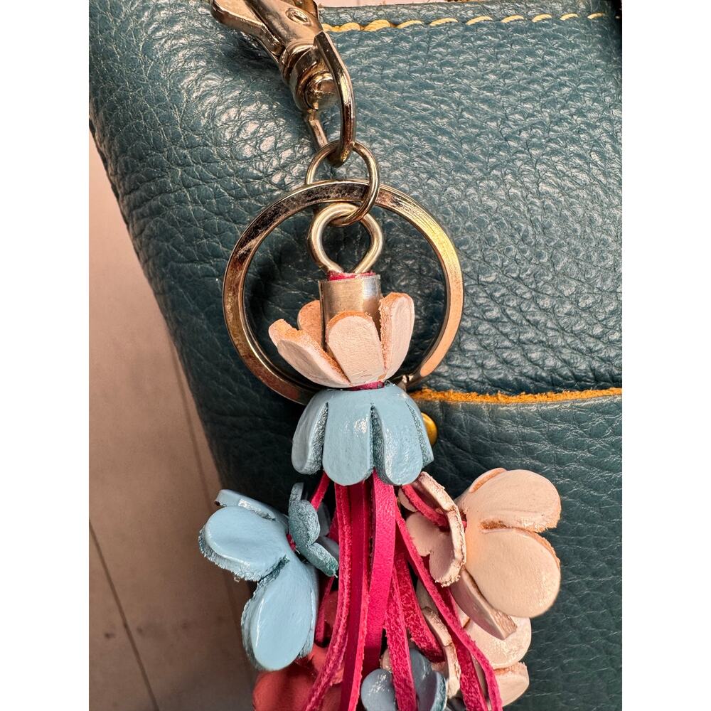 Accessory Purse Charm Genuine Leather Bag Charm Blue Pink White Flower Bouquet - Picture 3 of 5